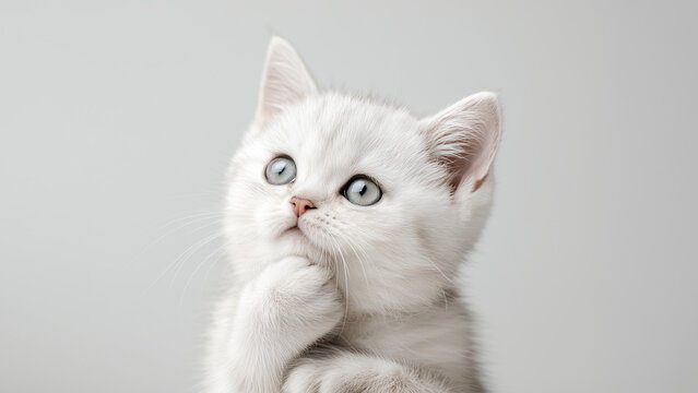 A white kitten with bright blue eyes resting its paw on its chin against a white backdrop.