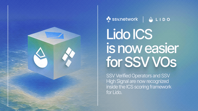 The image shows a promotional graphic for ssv.network and Lido, announcing that Lido ICS is now easier for SSV Validators Operators (VOs), with text noting that SSV Verified Operators and SSV High Signal are recognized inside the ICS scoring framework for Lido. It relates to the post by highlighting the new scoring benefits—3 Proof of Humanity points for SSV VOs and 2-5 Proof of Engagement points for SSV High Signal—within Lido's CSM ICS framework.
