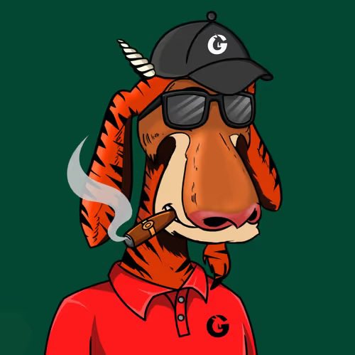 A cartoon basset hound wearing sunglasses, a black cap with "G" on it, and a red polo also featuring "G" is shown smoking a cigar. The "G" lettering likely references a crypto/NFT project token, aligning with the post's request to showcase NFTs from a user's wallet.