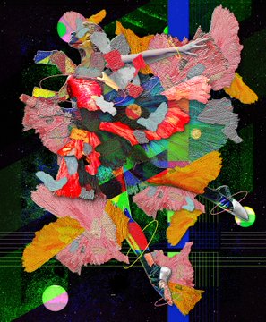 A chaotic abstract digital artwork featuring vibrant red, green, and orange textured shapes against a dark background with geometric overlays.