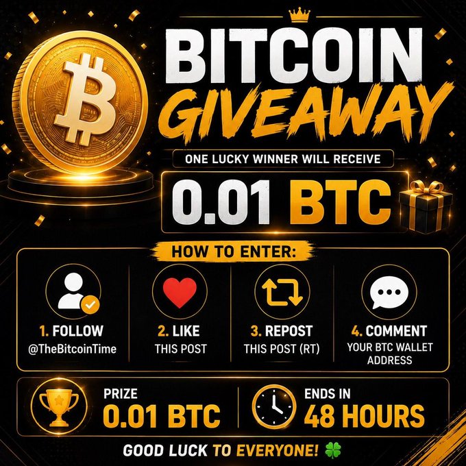 The image is a Bitcoin giveaway graphic by @TheBitcoinTime advertising a 0.01 BTC prize, with instructions to follow, like, repost, and comment a BTC wallet address within 48 hours, matching the post's promotion.