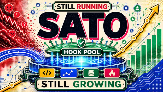 This image features a cartoon graphic of a computer and some software icons, as well as a title that reads "Sato Hook Pool Still Running." The phrase "I am $SATO" is also present at the bottom of the image. The main focus on this image is not to determine if the computer is running or not but rather to emphasize its importance in relation to the broader context provided by the post about Sato Hook Pool and sentiment analysis.