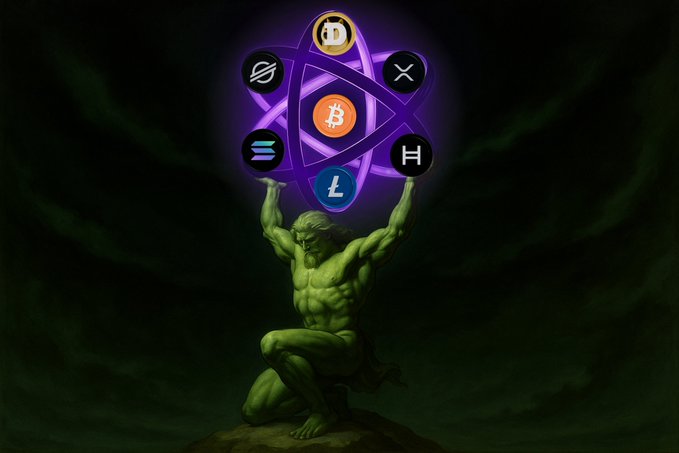 An illustration of a muscular green figure (resembling Hulk) holding up various cryptocurrency logos including Dogecoin, Bitcoin, Solana, and others arranged in a circle with a purple atomic symbol background.