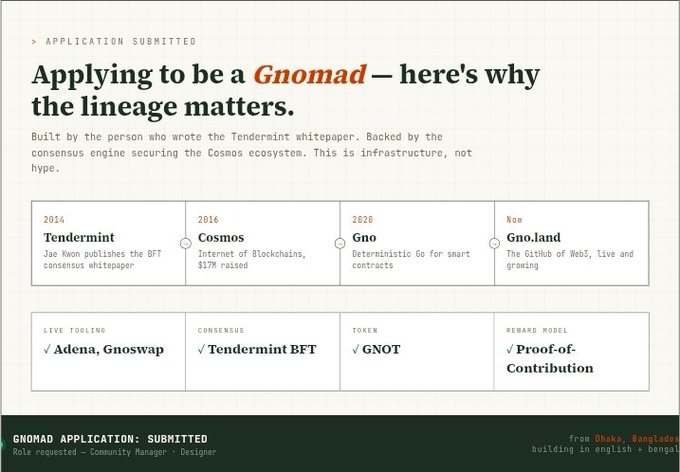 The image shows a post about being a Gno.land Ambassador, with an accompanying screenshot of an application asking questions and providing information about why this project is different from others. The post suggests that applications created by Gno.land should focus on spreading awareness and educating others about the uniqueness of the project, its founder Jae Kwon's background in Tendermint, and the role of the Consensus engine. The image includes text that references a website called "Focus on what is in this application" and mentions the importance of highlighting how this project differs from other similar projects or applications.