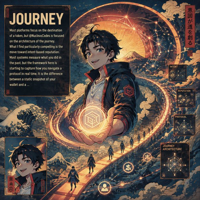 Anime-style illustration titled 'JOURNEY' featuring a young man holding a glowing cube, with text about @NucleusCodes focusing on the architecture of the journey rather than the destination, with sections for Intent, Reputation, Protocol, and Journey Architecture.