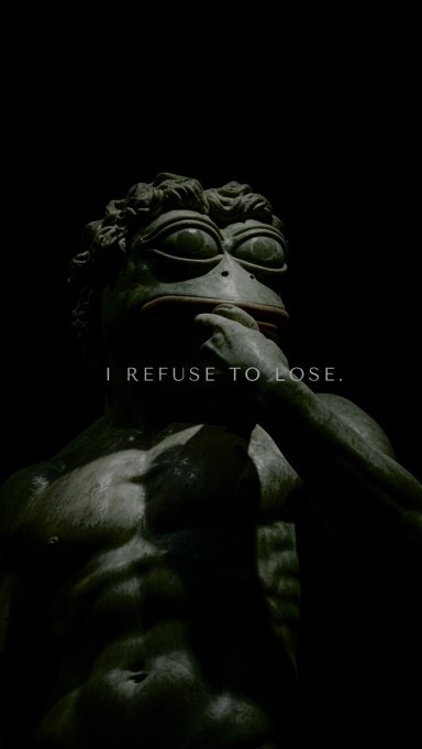 A dark, moody image of a muscular frog-like character in deep thought with the text 'I REFUSE TO LOSE.'