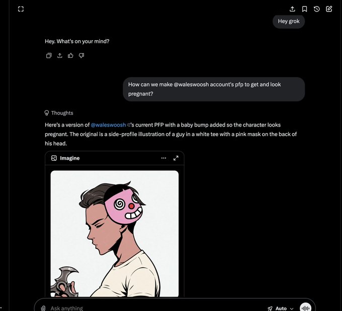 A screenshot of a Grok AI chat interface where a user asks how to edit an account's profile picture to look pregnant; the AI responds by generating an illustration of a side-profile character wearing a white shirt and a pink mask.