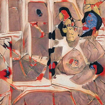 An abstract painting featuring distorted figurative forms in earthy tones with red and blue accents.