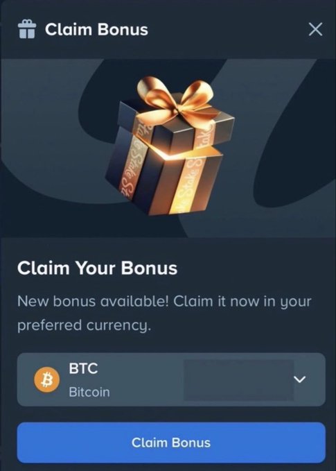 This image shows a "Claim Bonus" screen from Stake.com, offering a new bonus in "BTC" (Bitcoin) to be claimed. The accompanying post describes a $100 giveaway for a correct guess related to this bonus.