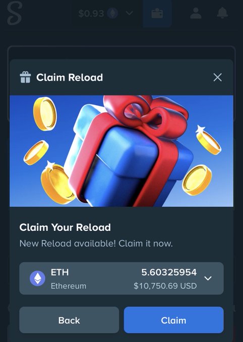 A mobile screen displays a "Claim Reload" offer of 5.60325954 ETH ($10,750.69 USD) from what appears to be a crypto platform, with a blue gift box and gold coins illustrated prominently. The image supports the accompanying post, in which the user offers the $10k reload as a giveaway to those genuinely in need, asking respondents to share their story and ETH address.
