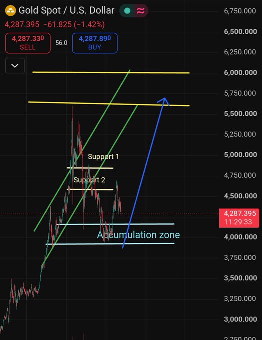 A Gold Spot / U.S. Dollar (XAU/USD) chart shows the current price at 4,287.395, down 1.42% (-61.825), with sell at 4,287.330 and buy at 4,287.890. The chart illustrates an "Accumulation zone" between Support 1 and Support 2 near 4,000-4,250, with a blue arrow projecting potential upside toward 6,000, aligning with the post's analysis of short positions playing out and a $4,000 target to reclaim.