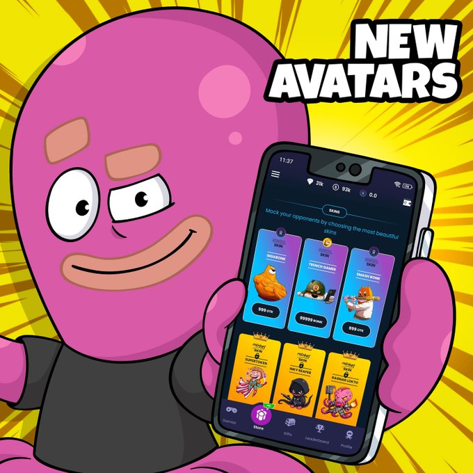 A promotional graphic featuring a pink cartoon character holding a smartphone displaying "NEW AVATARS" with various skin options including "SUPERSONIC" and "HEAD BONE".