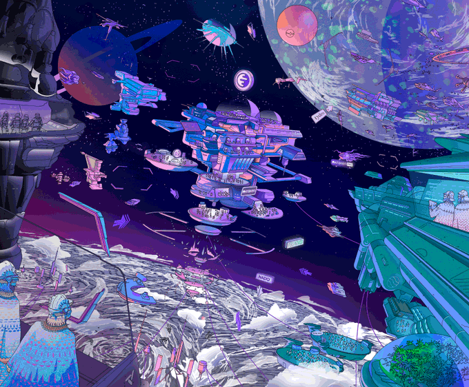 A vibrant, surreal sci-fi illustration depicting numerous spaceships, structures, and figures floating in space above a planet.