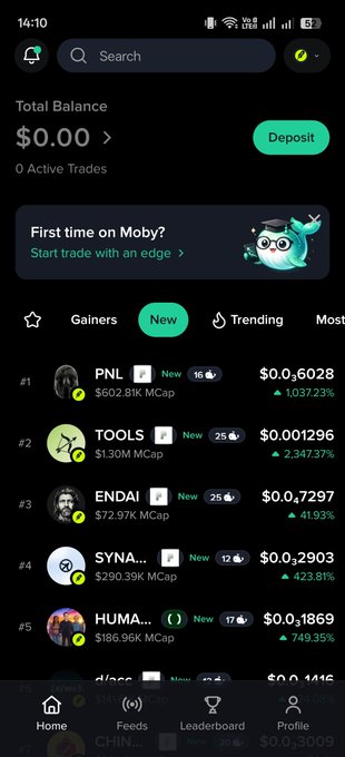 A screenshot of a mobile crypto trading app called Moby, showing a total balance of $0.00 and a list of newly listed tokens including PNL, TOOLS, ENDAI, SYNA, and HUMA with their respective prices, market caps, and percentage changes.