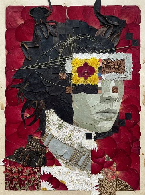 A mixed-media collage portrait of a woman with dark hair, featuring an eye covered by yellow daisies, a face constructed from torn paper, a Canon camera, a butterfly, and scattered flowers against a deep red background.