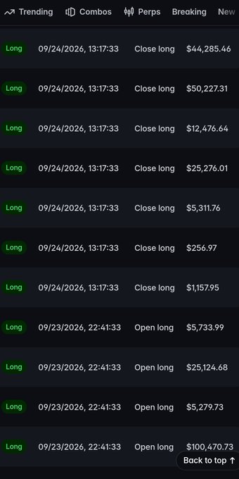 A screenshot of a crypto trading interface showing a 'Trending' tab with a list of long positions being opened and closed, displaying timestamps like 09/24/2026 and 09/23/2026 with various trade values.