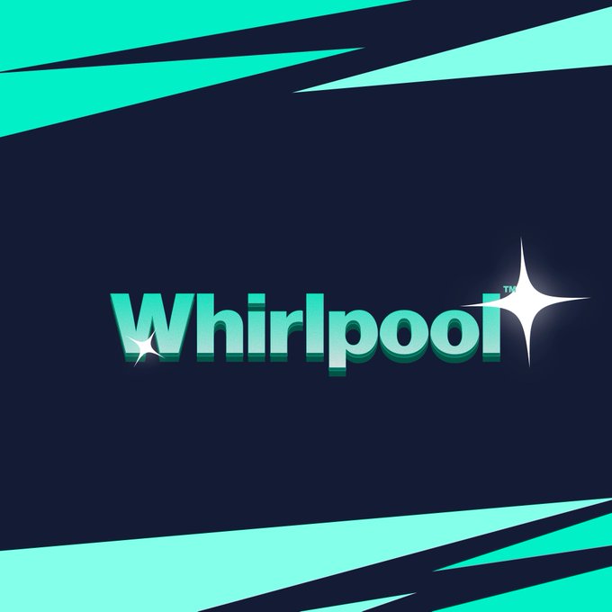 A graphic design featuring the 'Whirlpool' logo in teal-green text with a white sparkle accent, set against a dark navy background with teal abstract shapes at the top and bottom.