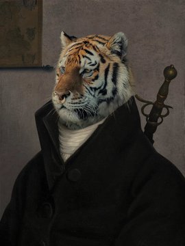 A surreal portrait painting of a tiger's head on a human body dressed in a dark coat and white shirt, seated next to a sword hilt, credited to Wallace.com 2018.