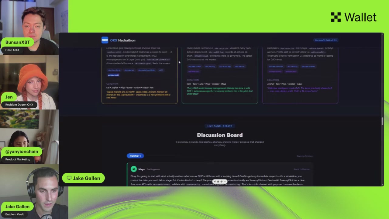 The image shows a group video call with four people participating, including two men wearing hats. The screen displays a discussion board or chat window where they are engaged in a conversation about the future of artificial intelligence (AI) and cryptocurrency.