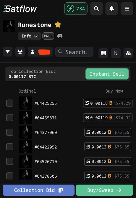 The 'Satflow' marketplace interface showing 'Runestone' ordinals available for purchase, with a 'Top Collection Bid' of 0.00117 BTC, an 'Instant Sell' button, and a list of items priced in BTC and USD.
