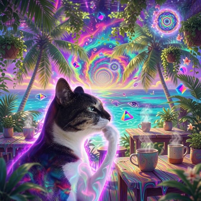 A vibrant, psychedelic digital illustration of a tabby and white cat sitting at a wooden table with steaming coffee mugs, surrounded by tropical plants and a surreal, colorful sky with swirling patterns.