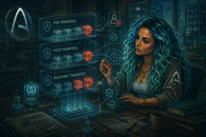 A digital illustration of a woman with teal hair interacting with holographic blockchain interface panels labeled "PRE-MEMPOOL," "POST-MEMPOOL," and "RUNTIME TRANSFER," with an "A" logo in the upper corner.