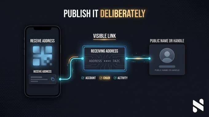 A cryptocurrency-related graphic titled "PUBLISH IT DELIBERATELY" showing a flow diagram from a "RECEIVE ADDRESS" on a phone to a "PUBLIC NAME OR HANDLE," with options for Account, Chain, and Activity visible.