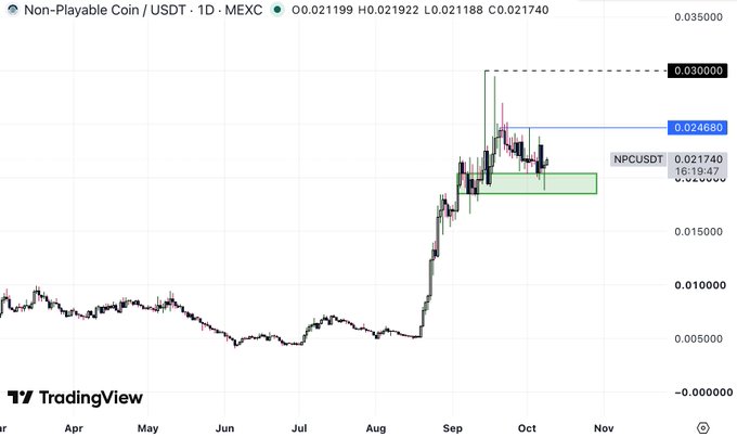 A TradingView chart showing 'Non-Playable Coin / USDT' on MEXC, trading around 0.021740 with recent price levels marked at 0.024680 and 0.030000.