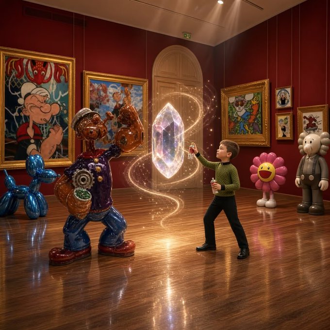 A colorful digital artwork depicting a young boy holding a small object up to a glowing crystal, with a Popeye-like statue and various cartoon characters in a gallery setting.