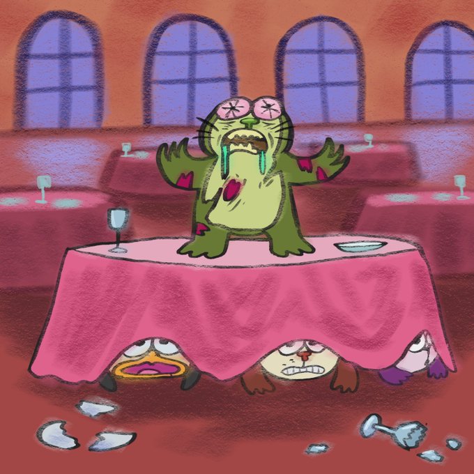 The image features a cartoon frog standing on top of a table, surrounded by broken glassware including wine glasses and cups scattered around the scene. The frog appears to be in distress or frustration due to the mess surrounding him. The caption "Get ready" suggests that something unexpected has occurred, possibly involving the frog's presence at the table with the broken glassware.