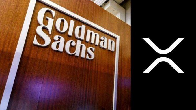 The image shows the Goldman Sachs wall logo (left) alongside the XRP cryptocurrency symbol (right), visually representing the banking giant's significant $86 million investment in XRP as disclosed in the accompanying post.