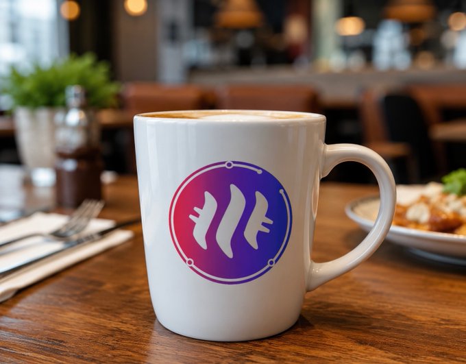 A white coffee mug sits on a wooden restaurant table, featuring a circular purple and blue logo with a stylized 'W' symbol.
