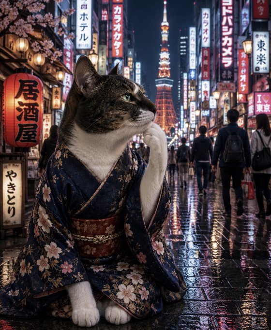 A cat dressed in a traditional floral kimono sits thoughtfully on a rain-slicked Tokyo street, with Tokyo Tower glowing in the background and illuminated signs reading "居酒屋" (Izakaya) and "やぎとり" (Yakitori) lining the bustling nightlife district. The image playfully ties to the "Good Morning Bulls" greeting, evoking the energetic rise of a new day—or perhaps a bullish market trend—amid Japan's vibrant urban scene.