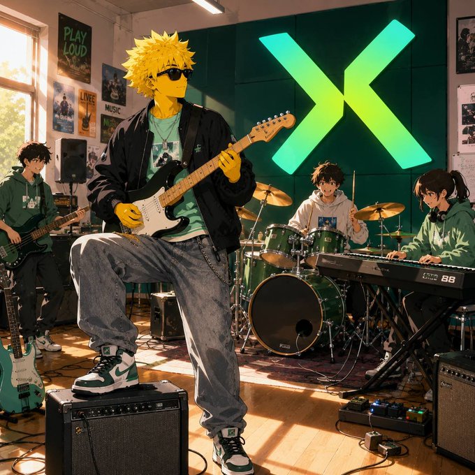 An anime-style illustration shows a band practicing in a music room, featuring a yellow-skinned guitarist with sunglasses and spiky blonde hair sitting on an amplifier, alongside a drummer, keyboardist, and bassist, with a glowing green 'X' on the wall behind them.
