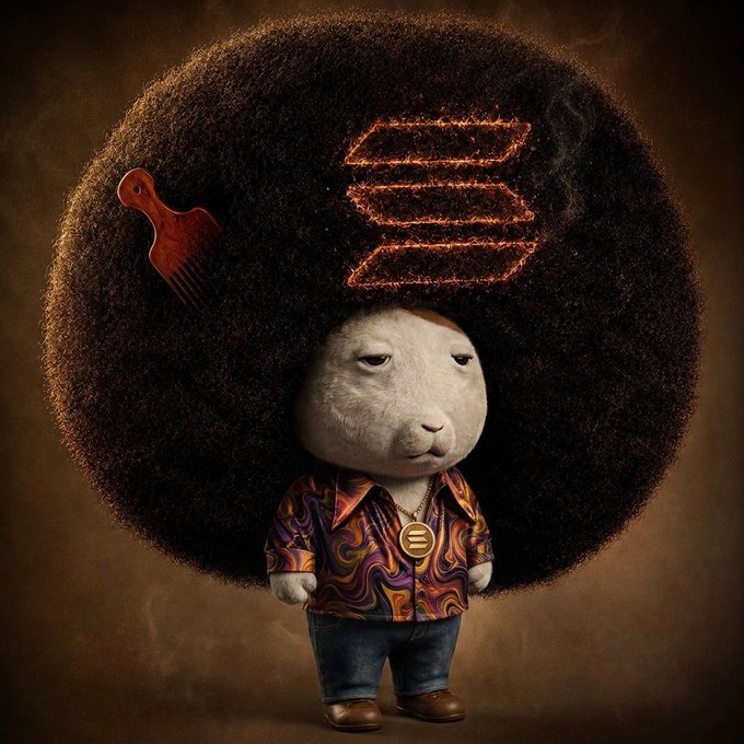 This image features a sheep character with an afro and a "SOL" logo emblazoned on its hair, representing the Solana blockchain. The character is wearing a groovy shirt and jeans, with a medallion that also features the "SOL" logo, aligning with the "$KET on SOLANA" post.