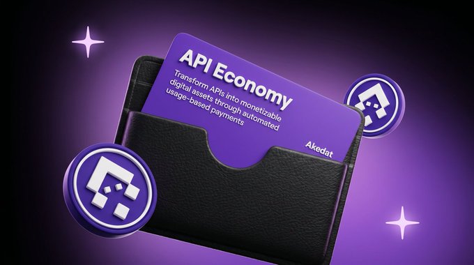 Promotional graphic for 'API Economy' by Akedat showing a purple card in a black wallet holder, with text explaining it transforms APIs into monetizable digital assets through automated usage-based payments.
