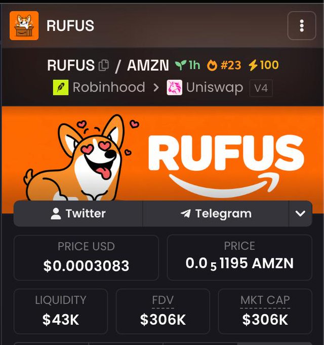 A crypto token page displays 'RUFUS' ticker with the contract 'RUFUS / AMZN', priced at $0.0003083 with a market cap and FDV of $306K, available on Uniswap V4 via Robinhood.