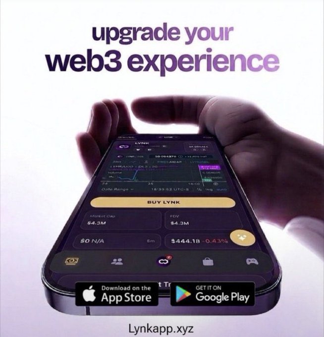 An advertisement reading 'upgrade your web3 experience' showing a hand holding a smartphone displaying the 'LYNK' crypto trading app, with 'Lynkapp.xyz' at the bottom.