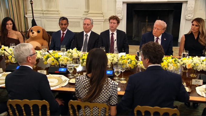 A formal White House dinner scene featuring political figures including Donald Trump, Mark Zuckerberg, and the animated dog character seated at an elegantly set table with floral centerpieces.