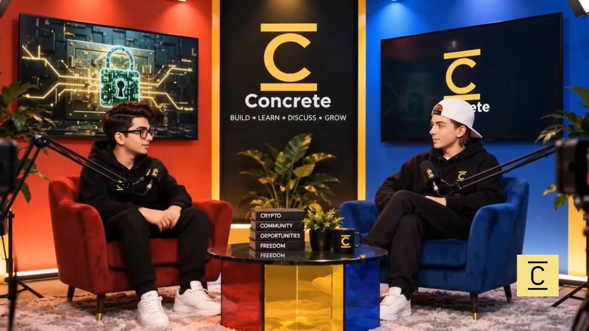 Two young men sit in red and blue armchairs in a studio with 'Concrete' branding, with a table displaying books labeled 'CRYPTO', 'COMMUNITY', 'OPPORTUNITIES', 'FREEDOM', and 'FEEEDOM'.