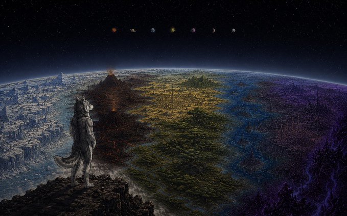 A fantasy digital artwork showing a wolf-headed humanoid figure standing on a rocky cliff, overlooking a vast, colorful, otherworldly landscape beneath a starry sky with distant planets.