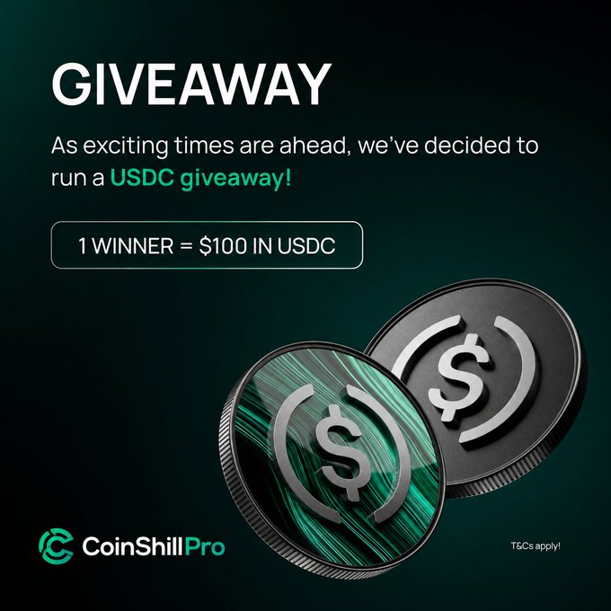 A promotional graphic for a USDC giveaway by CoinShillPro, featuring '$100 IN USDC' for one winner and images of two USDC coins against a dark green background.