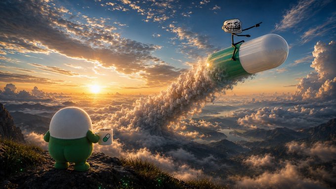 A cartoon pill character with a smug grin stands atop a misty mountain at sunset, holding a green checkmark while launching a massive green-and-white capsule skyward with a rocket-powered troll face, visualizing the post's triumphant "see you at the top." The pill watching from the summit represents a follower or competitor looking up at the soaring capsule, symbolizing success and reaching new heights in the market.