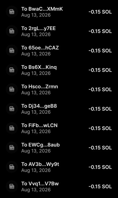 A transaction history on a Solana wallet interface displays ten outgoing transfers, each showing -0.15 SOL sent on Aug 13, 2026 to various truncated wallet addresses (BwaC, 2rgL, 65oe, Bs6X, Hsco, Dj34, FiFb, EWCg, AV3b, Vvq1), corresponding to the 1.5 SOL giveaway claim mentioned in the post.