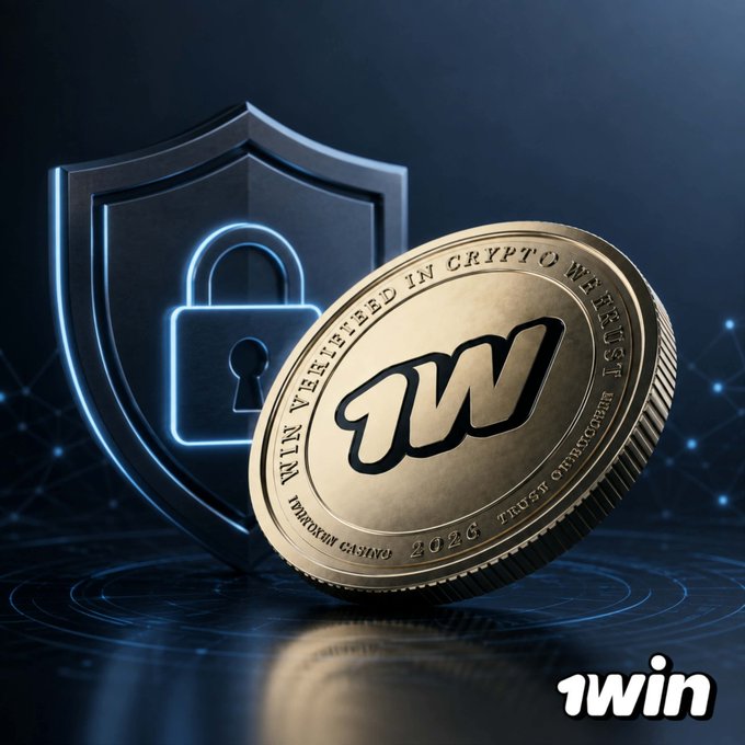 A promotional graphic for '1win' displays a gold coin with the '1W' logo alongside a glowing padlock shield, with text including 'WIN VERIFIED IN CRYPTO WEB TRUST' and '2026'.