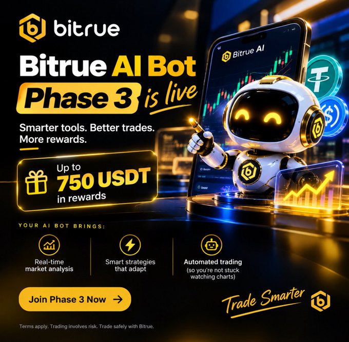 A promotional advertisement for 'Bitrue AI Bot Phase 3' featuring a cartoon robot mascot, promising up to 750 USDT in rewards, smarter tools, and automated trading features.