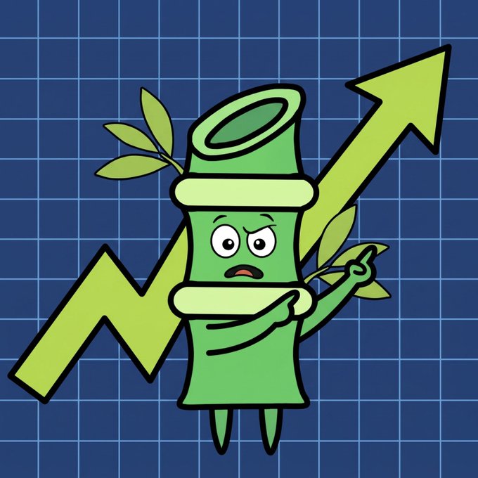 A cartoon green bamboo stalk character with an angry expression stands in front of an upward-pointing arrow on a blue grid background, illustrating a positive market trend. The character points upward, symbolizing bullish growth as referenced in the "Bamboo Buddy" post by $PANDA.