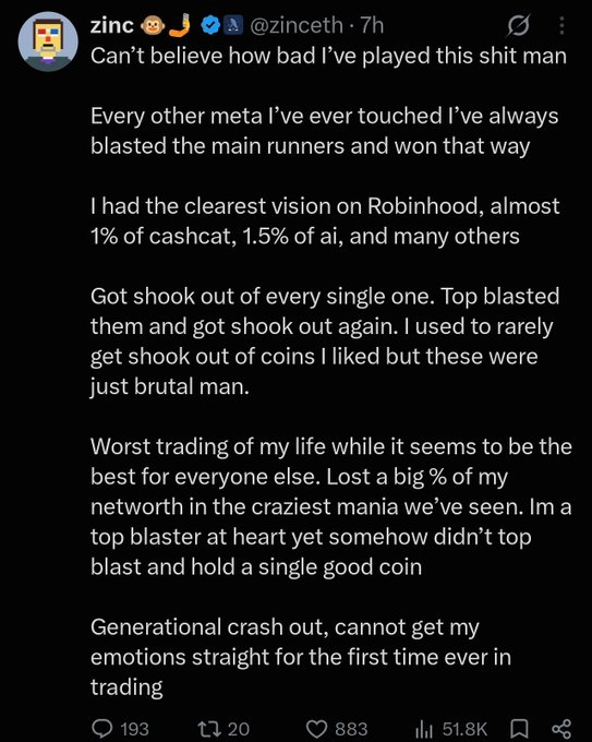 An X post by user zinc @zinceth complains about poor trading performance, stating 'Can't believe how bad I've played this shit man' and describing being 'shook out' of coins like Robinhood, cashcat, and ai.