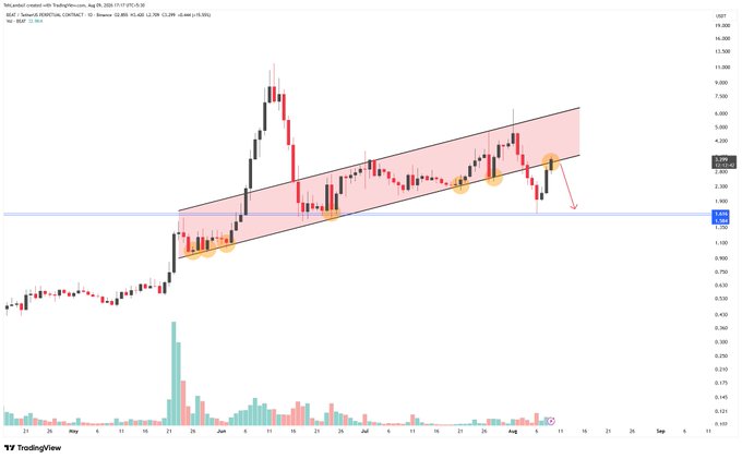 A TradingView chart for SEAT (Sealord/VIRTUAL CONTRACT) displaying candlestick price action within an upward channel, with support/resistance zones and orange circles highlighting key touchpoints.