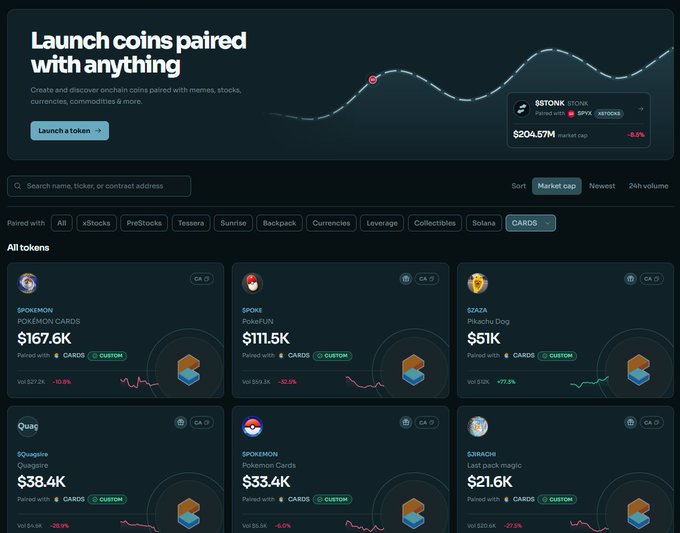 A dark-themed website titled 'Launch coins paired with anything' showing various token listings including $POKEMON ($167.6K), $SPOKE ($111.5K), $ZAZA ($51K), $QUAG ($38.4K), and $3RACHA ($21.6K), all paired with CARDS.